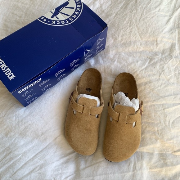 Birkenstock Boston Suede Leather Clog Slip Ons Shoes Latte Cream - Picture 5 of 9